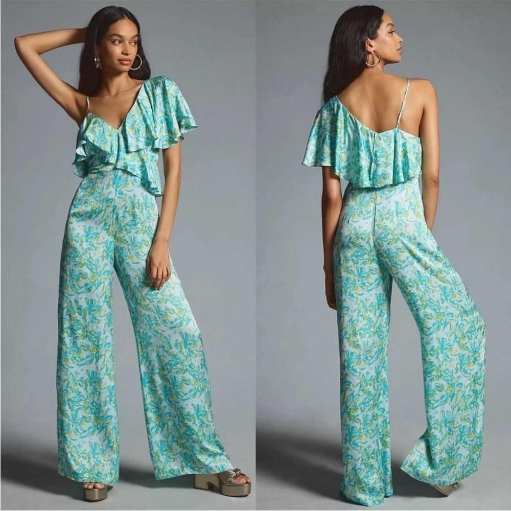 Anthropologie Corey Lynn Calter Silky Ruffle
Wide-Leg Jumpsuit SP TURQUOISE